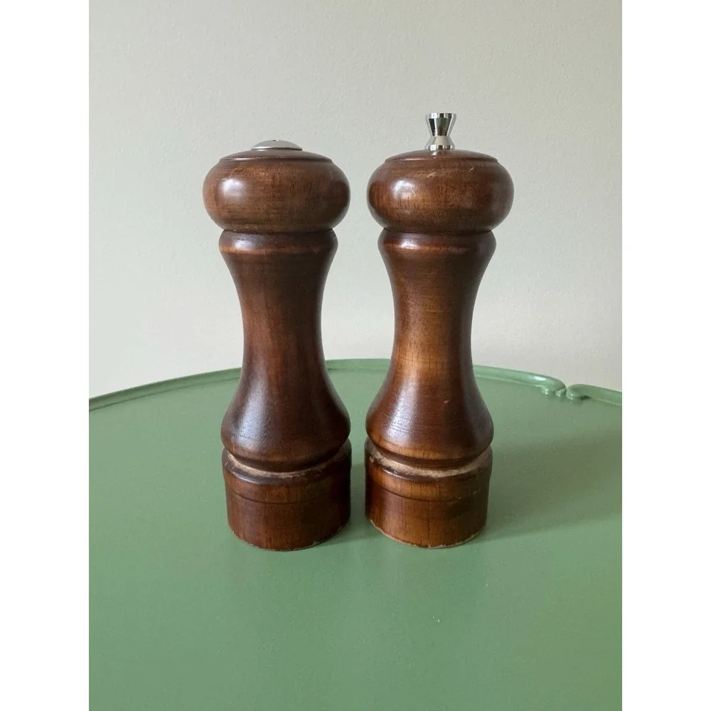 Vintage Mr. Dudley Solid Wood Pepper Grinder Mill & Salt Shaker Set Brown